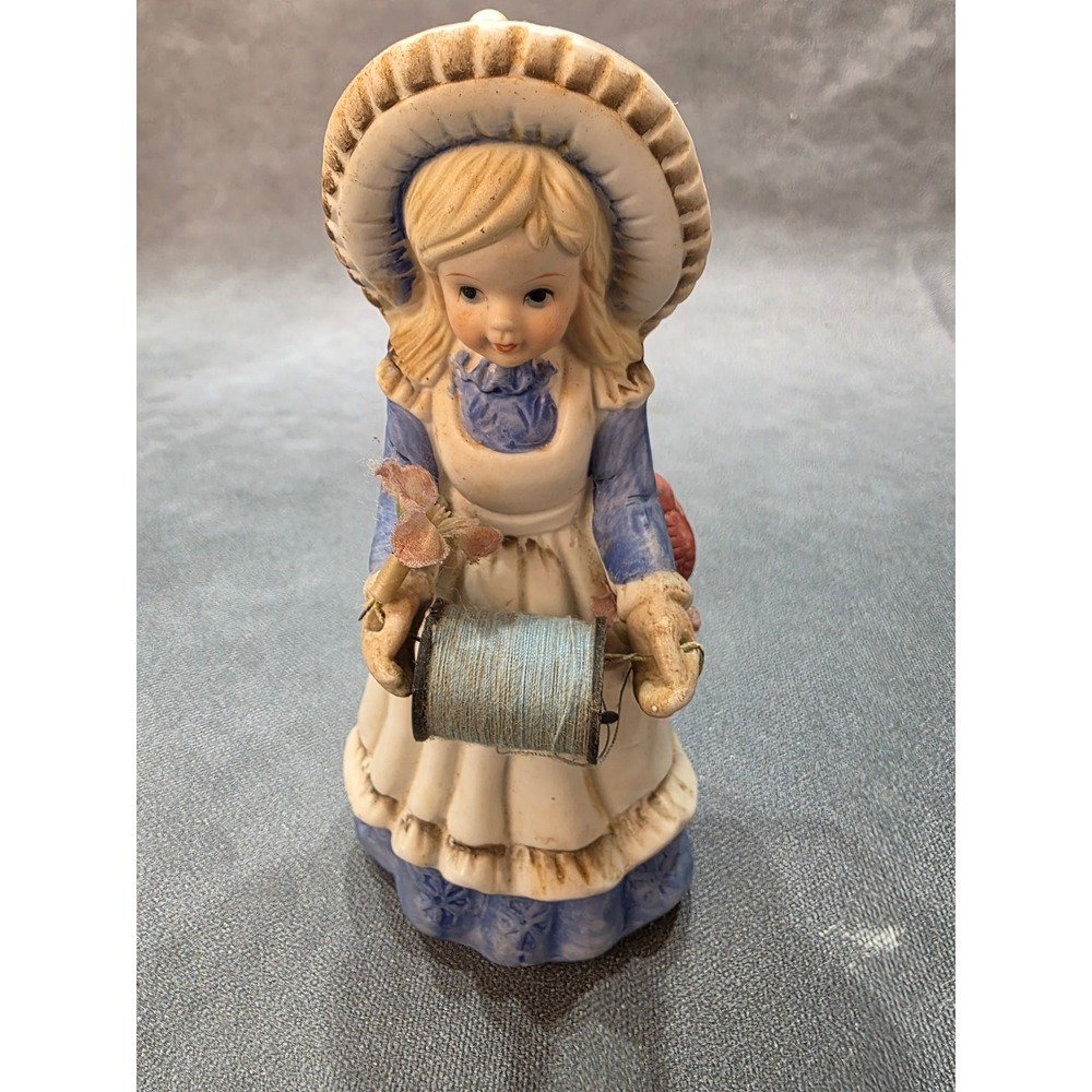 Vintage Porcelain Girl Sewing Caddy Figurine Pin Cushion Spool Holder Blue White